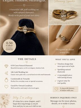 14K Gold Marquise Diamond Wedding Ring Set - Gold